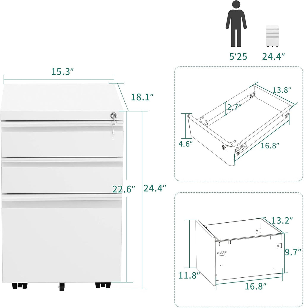 YITAHOME 3-Drawer Mobile File Cabinet with Lock, Office Storage Filing Cabinet for Legal/Letter Size, Pre-Assembled Metal File Cabinet Except Wheels Under Desk -White