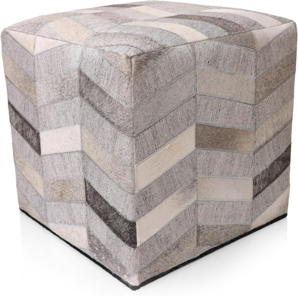 CANVELLO Handmade Patchwork Cowhide Leather Cube Ottoman Pouf 18x18 Neutral