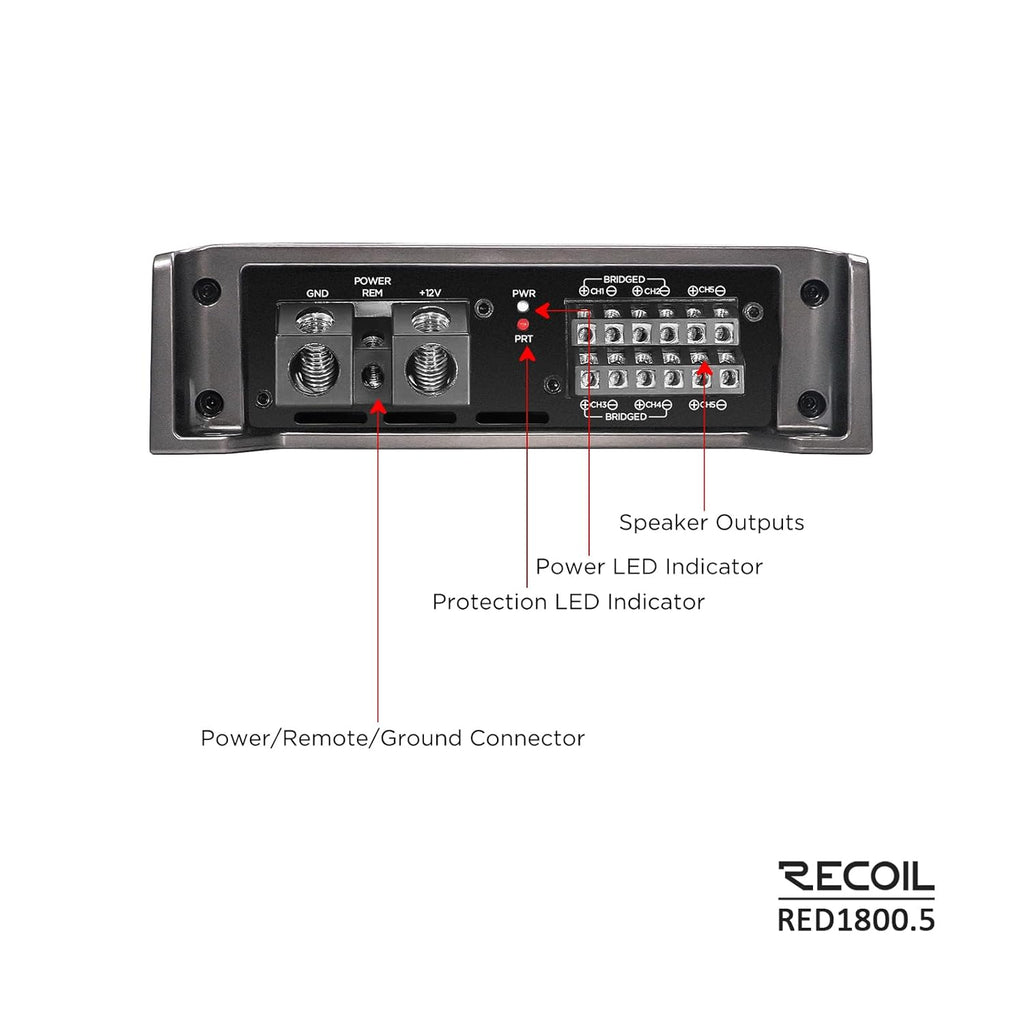 Recoil RED1800.5 1800 Watts Class-D Car Audio 5-Channel Amplifier, Mono 1 Ohm Stable, Remote Bass Knob Included