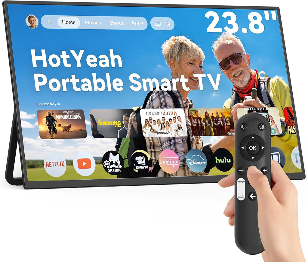 HotYeah Portable Smart TV, EDLA-Certified, 23.8" 1080P 2-in-1 Rolling TV & Monitor, w/Built-in 10000mAh Battery, Support Voice Control, USB-C & HDMI, 180° Adjustable Kickstand