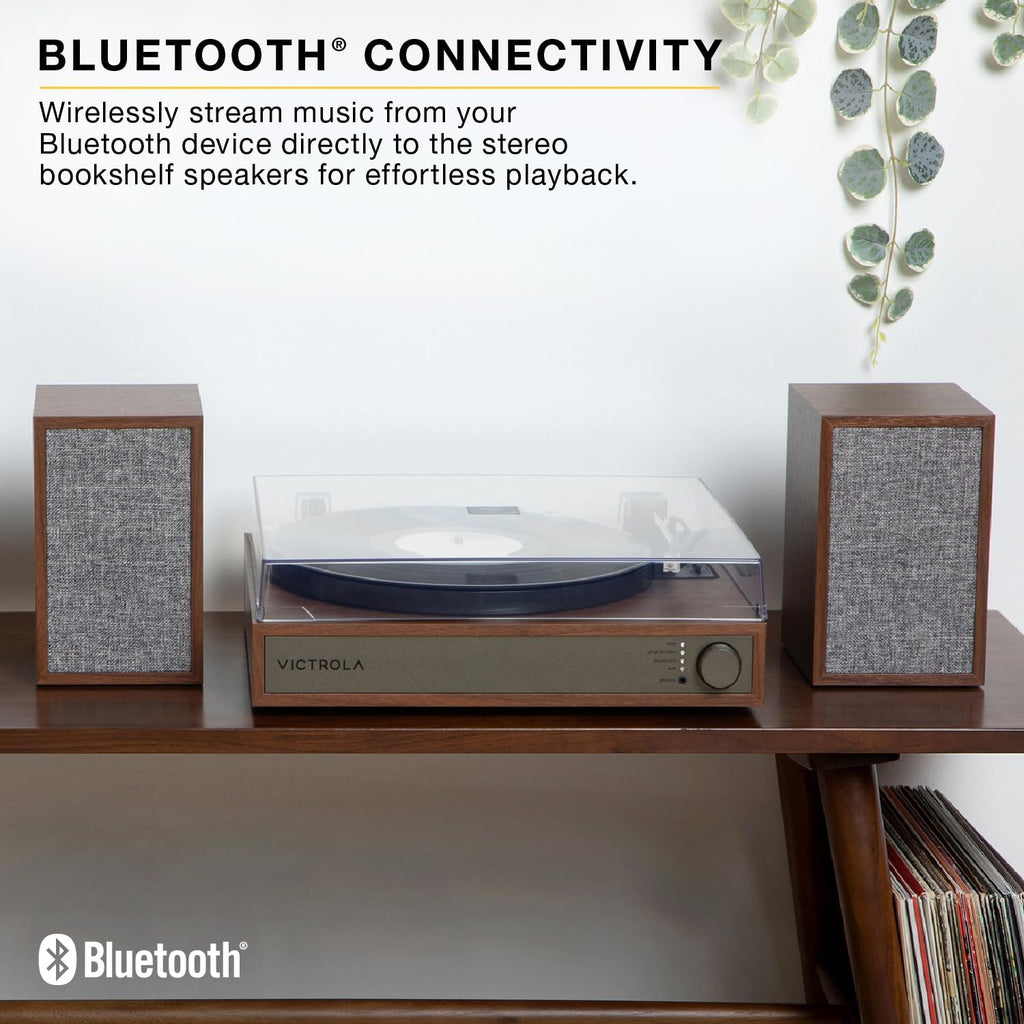 Victrola Harmony – Bluetooth Turntable System– 3-Speed Vinyl Record Player, Stereo Bookshelf Speakers, Mid-Century Modern Design, Audio Technica ATN3600L, Bluetooth Input and Output (Black)