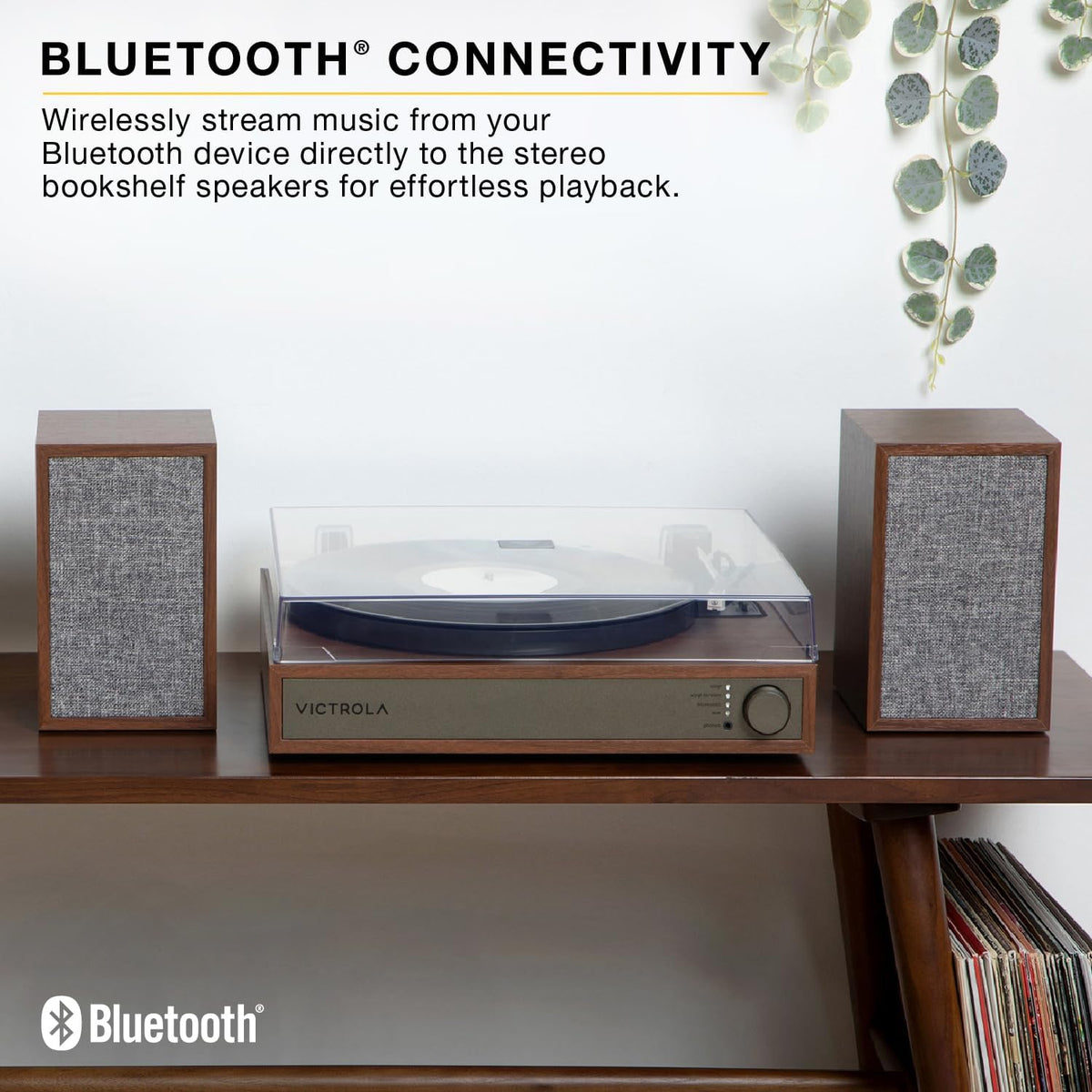 Victrola Harmony – Bluetooth Turntable System– 3-Speed Vinyl Record Player, Stereo Bookshelf Speakers, Mid-Century Modern Design, Audio Technica ATN3600L, Bluetooth Input and Output (Black)
