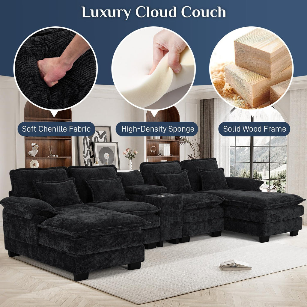 133" Oversized U Shaped Cloud Couch Modular Sectional Couches for Living Room Comfy Chenille Deep Seat Sofa Set with Double Chaise Lounge, Storage Central Console, Cup Holders, USB Port, Dark Black