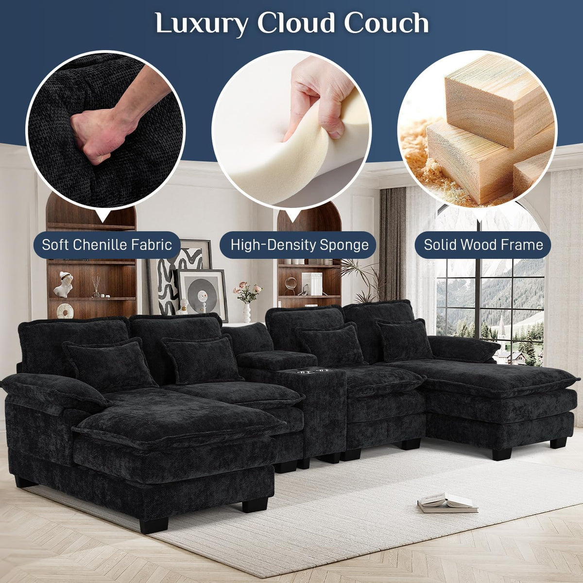 133" Oversized U Shaped Cloud Couch Modular Sectional Couches for Living Room Comfy Chenille Deep Seat Sofa Set with Double Chaise Lounge, Storage Central Console, Cup Holders, USB Port, Dark Black
