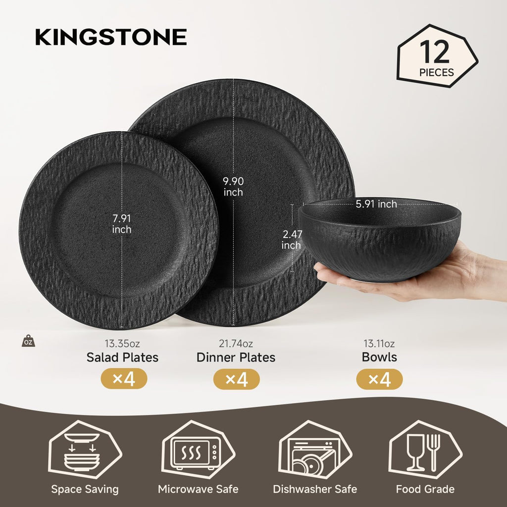 KINGSTONE Dinnerware Sets, 12-Piece Premium Porcelain dishes set, Matte Marble Pattern Plates and Bowls Sets for 4, Place Setting with Dinner Plate, Salad Plate, Pasta Bowl (Black)