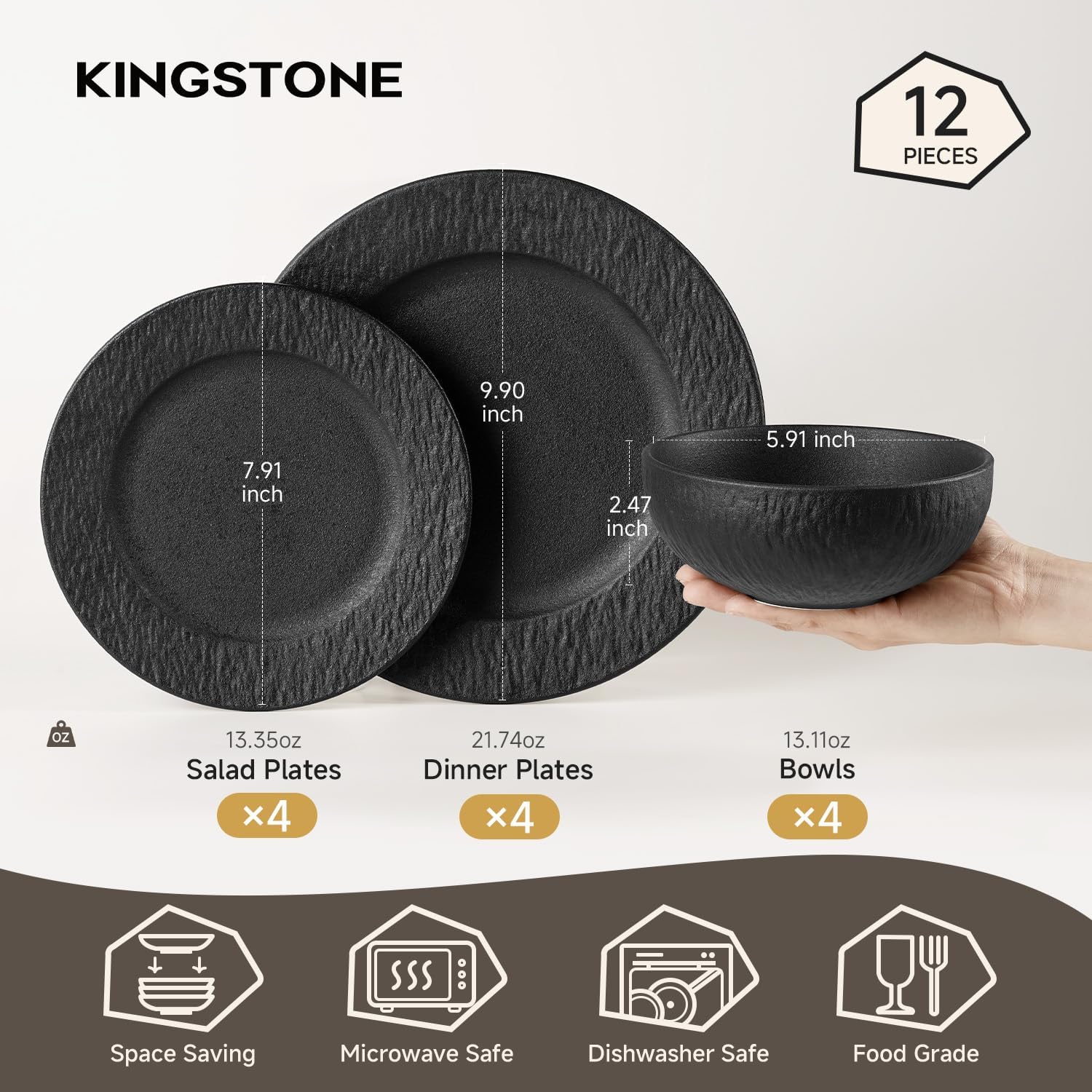 KINGSTONE Dinnerware Sets, 12-Piece Premium Porcelain dishes set, Matte Marble Pattern Plates and Bowls Sets for 4, Place Setting with Dinner Plate, Salad Plate, Pasta Bowl (Black)
