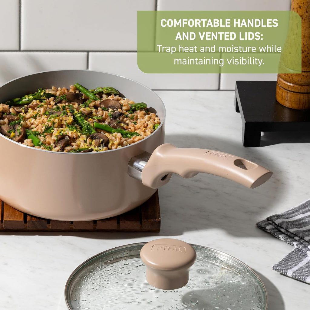 T-Fal Refresh Ceramic Pots and Pans Set, 20-Piece Nonstick Cookware Set, Stockpot, Griddle, Frying Pans, Utensils, Moon Grey