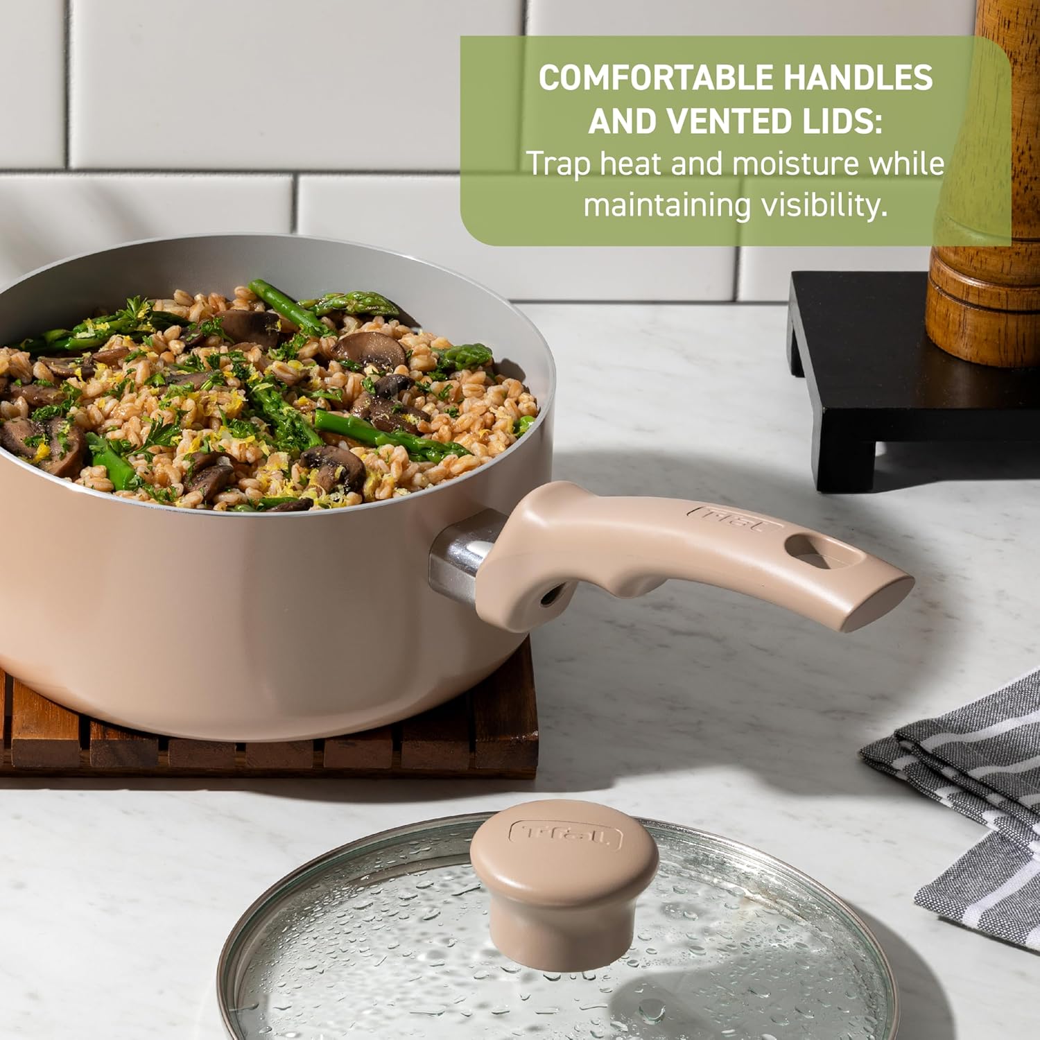 T-Fal Refresh Ceramic Pots and Pans Set, 20-Piece Nonstick Cookware Set, Stockpot, Griddle, Frying Pans, Utensils, Moon Grey