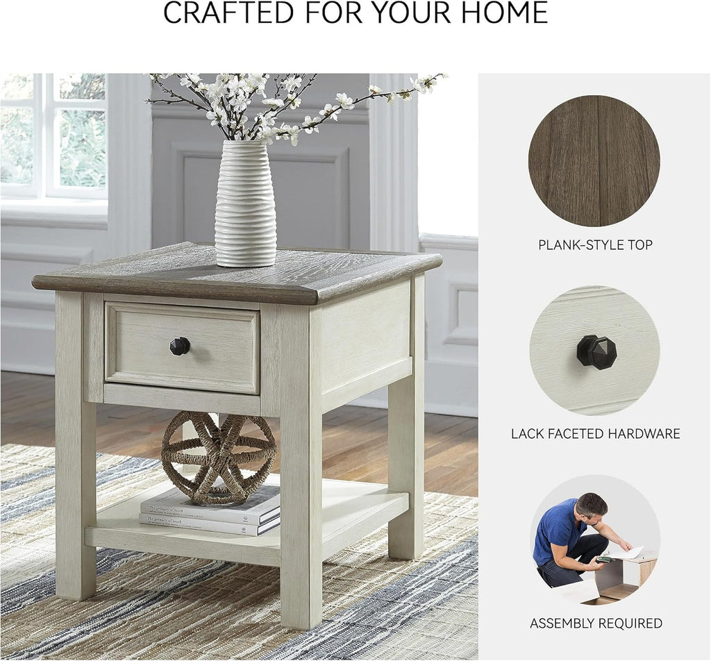 Signature Design by Ashley Bolanburg End Table for Living Room, Two-Tone Distressed Wood Side Table with Smooth-Gliding Drawer, Farmhouse Plank-Style Top, Ideal Night Stand Use, Antique White/Oak