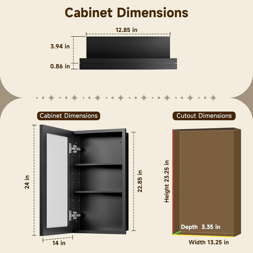 14"x24"Black Medicine Cabinets for Bathroom with Mirror, Aluminum Alloy Framed Mirror, Recessed(12.85"x22.85")or Surface Wall-Mounted(14"x24") Metal Bathroom Vanity Mirror with Storage Cabinet