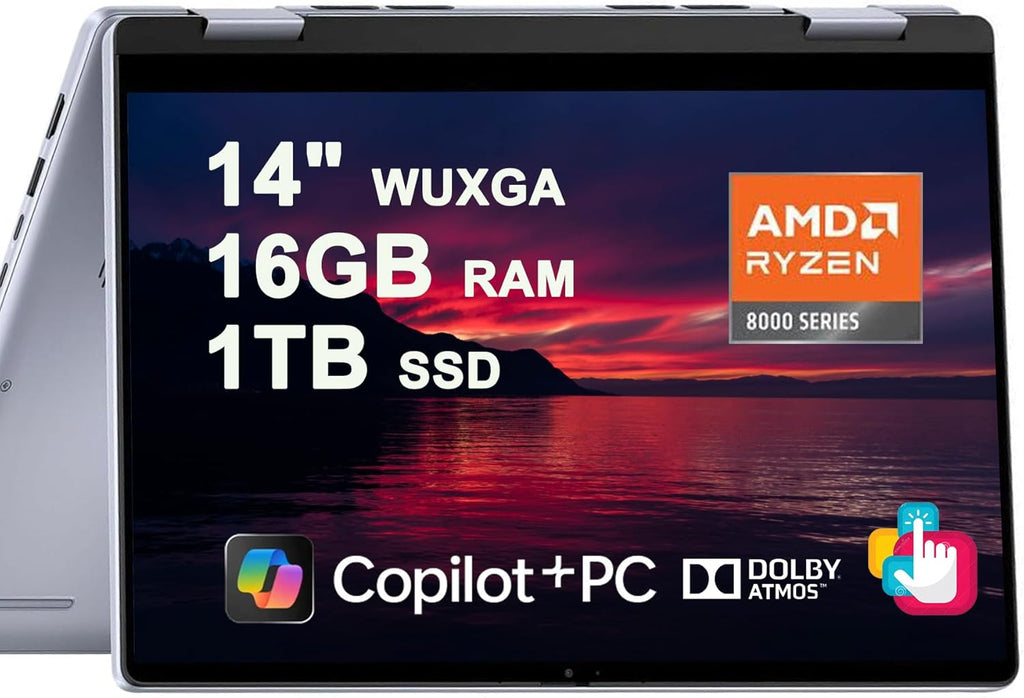 Dell Inspiron 14 7445 2-in-1 Laptop 14" WUXGA Comfortview Touchscreen AMD 6-core Ryzen 5 8640HS (>i7-1355U) 16GB RAM 1TB SSD Backlit for Creator Business Professional Work Win11