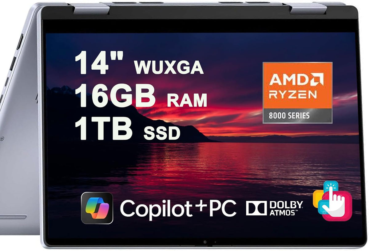 Dell Inspiron 14 7445 2-in-1 Laptop 14" WUXGA Comfortview Touchscreen AMD 6-core Ryzen 5 8640HS (>i7-1355U) 16GB RAM 1TB SSD Backlit for Creator Business Professional Work Win11