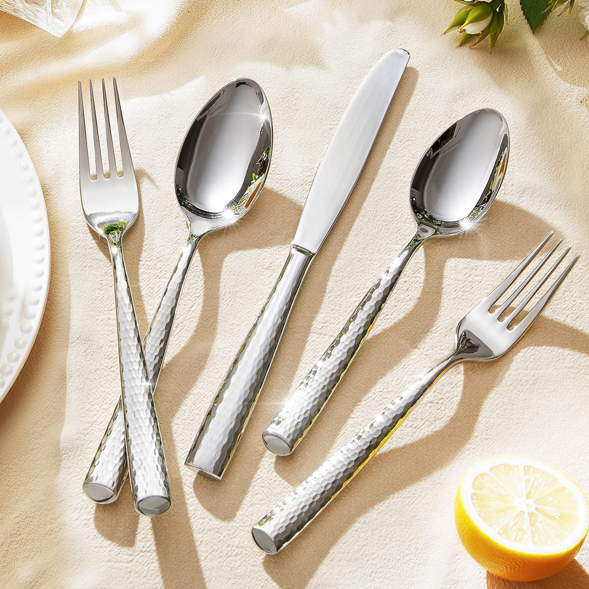 Kingstone Hammered Silverware Set, 60-Piece Flatware Set for 12, 18/10 Stainless Steel Heavy Duty Cutlery Set, Mirror Polished Utensil Sets for Home, Restaurant, Wedding, Dishwasher Safe