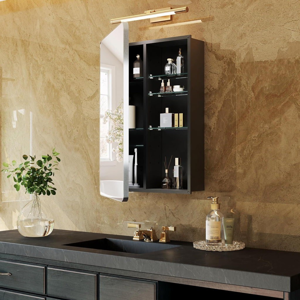 Silver Medicine Cabinet with Mirror 20x26 Inch, Anodized Aluminum Bathroom Cabinet, Rust Proof Recessed Wall Organizer, 6 Adjustable Glass Shelves, Soft Close, Modern Vanity Mirror