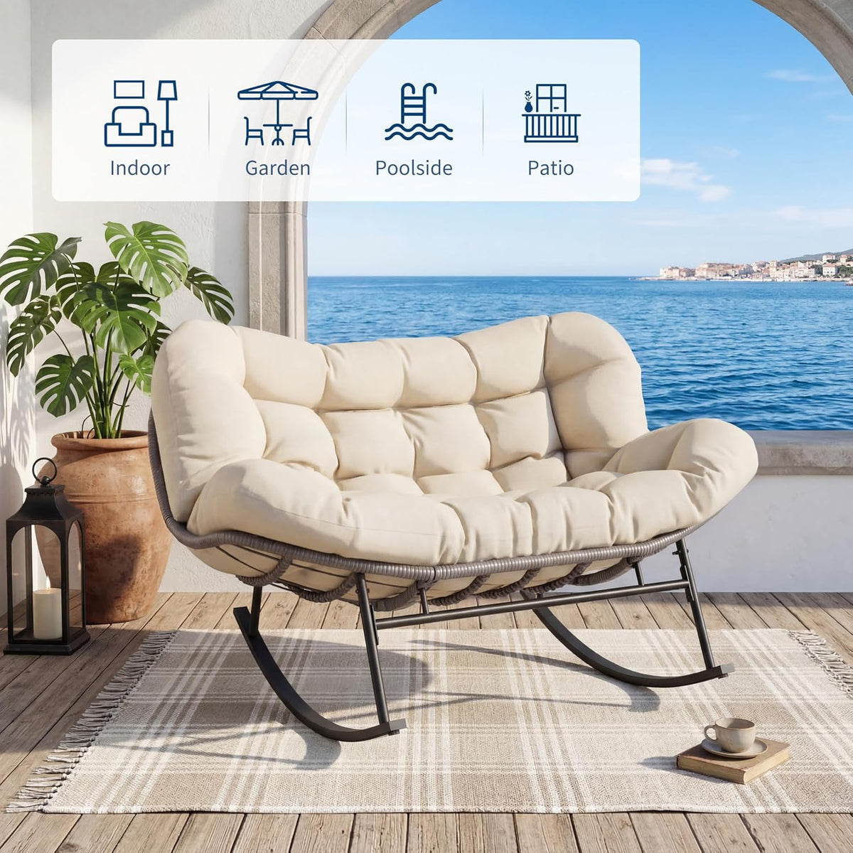 Patio Rocking Chair Set with Ottoman ,Indoor Outdoor Padded Rocking Chair for 2 Person,Oversized Papasan Chairs,Double Wicker Egg Rockers, Lounge Chair for Patio, Living Room, Bedroom, or Porch,Beige