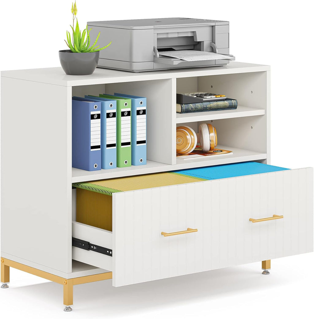 Tribesigns Lateral File Cabinet with Drawer, White Filing Cabinet for Letter/Legal/A4 Size Files, 35.4" Modern Wood File Storage Cabinets Printer Stand with Storage for Home, Office, White Gold