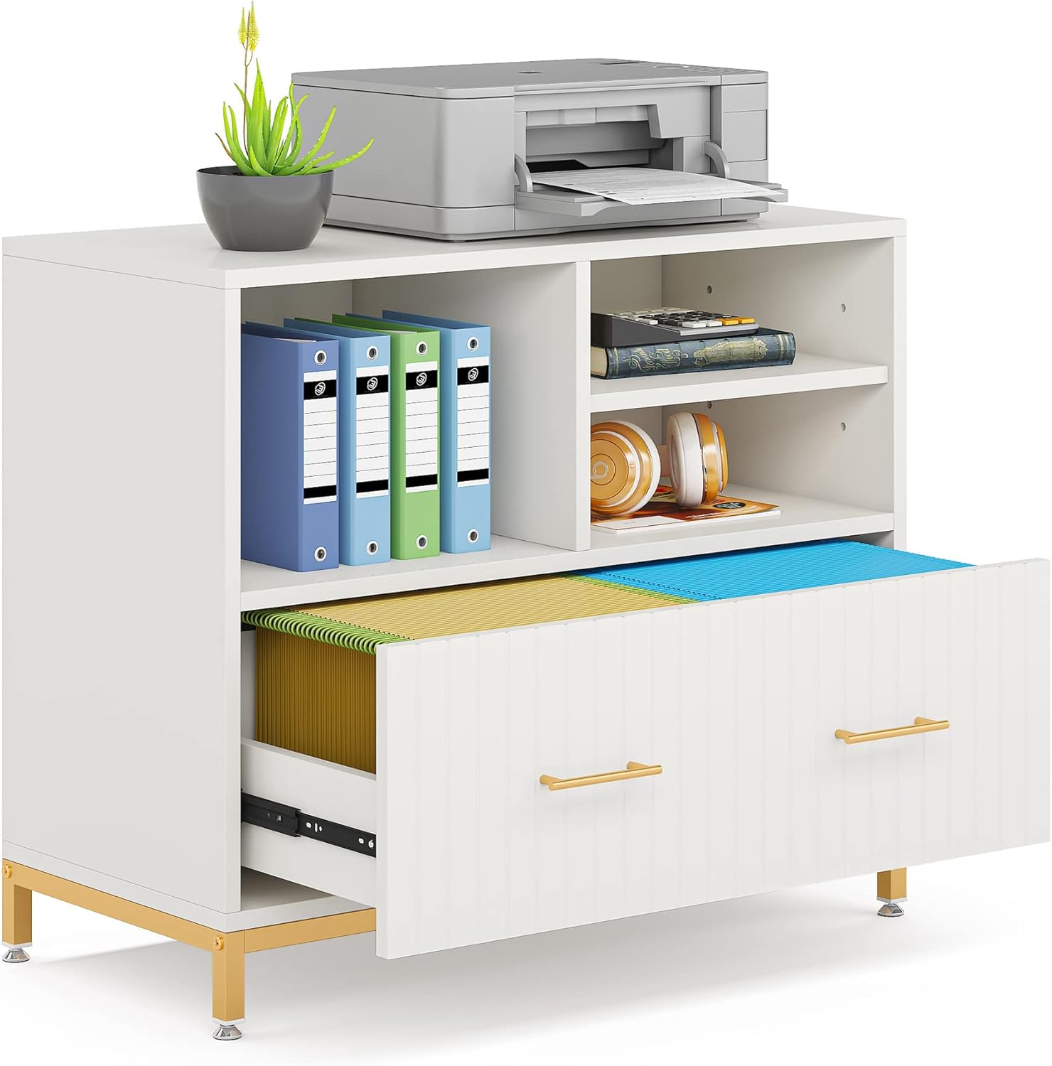 Tribesigns Lateral File Cabinet with Drawer, White Filing Cabinet for Letter/Legal/A4 Size Files, 35.4" Modern Wood File Storage Cabinets Printer Stand with Storage for Home, Office, White Gold