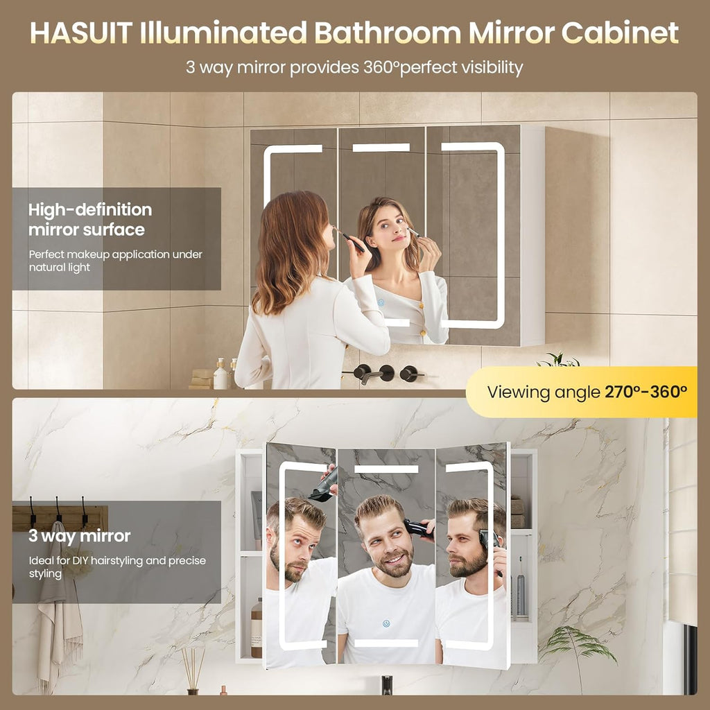 Hasuit Medicine Cabinet Organizer with Mirror, Lighted Bathroom Medicine Cabinet with Storage, 3 Doors Bathroom Wall Cabinet with LED Lights, Adjustable Shelves & Outlets, 31.5'' x 23.6'', White