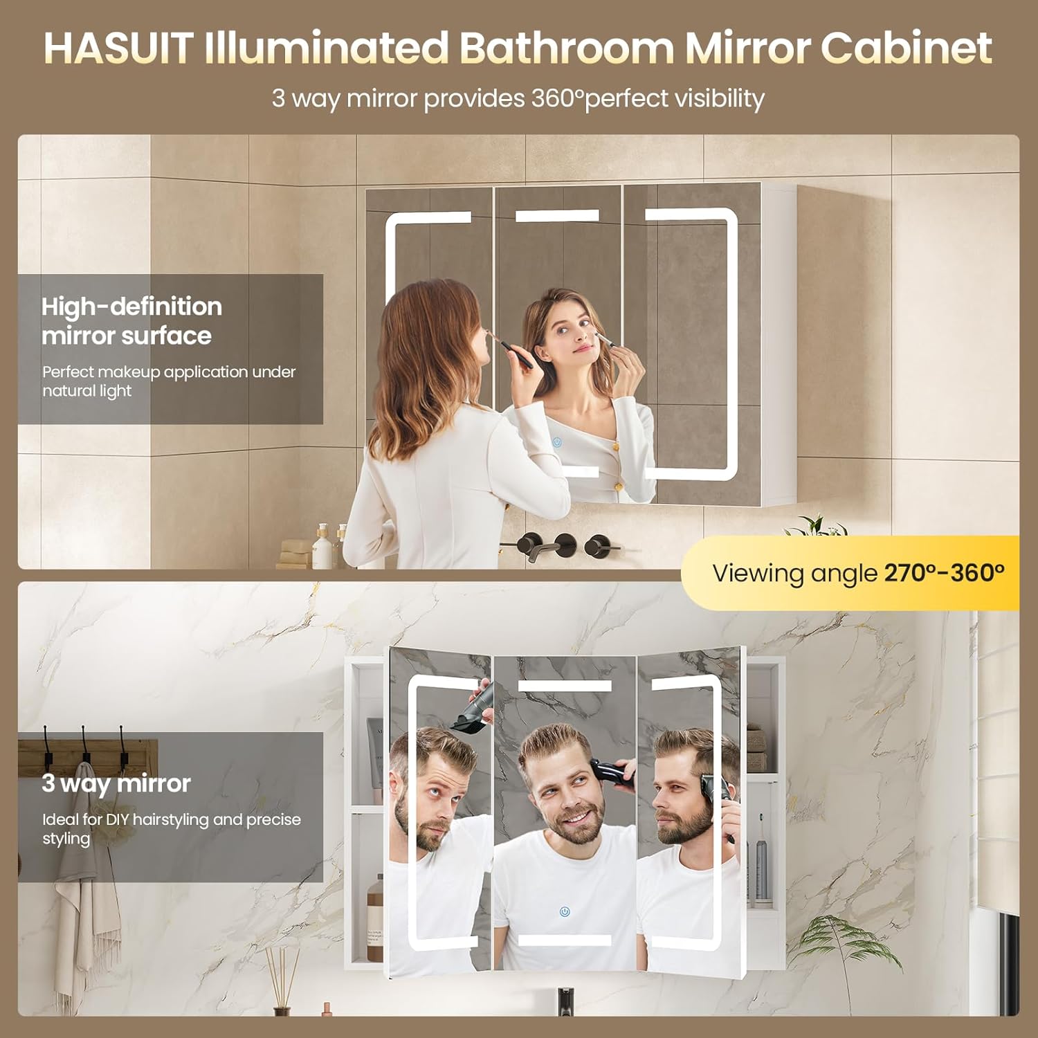 Hasuit Medicine Cabinet Organizer with Mirror, Lighted Bathroom Medicine Cabinet with Storage, 3 Doors Bathroom Wall Cabinet with LED Lights, Adjustable Shelves & Outlets, 31.5'' x 23.6'', White