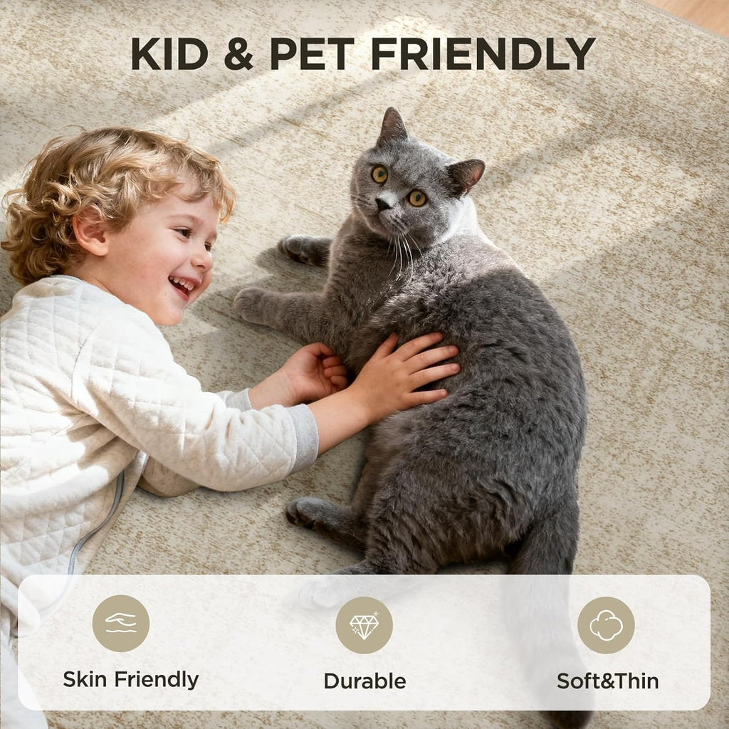 Joydeco 10x14 Area Rugs for Living Room, Non Slip Machine Washable Vintage Rug, Low Pile Chenille Print Rugs for Bedroom, Dining Room, Home Office, Pet & Child Friendly, Beige
