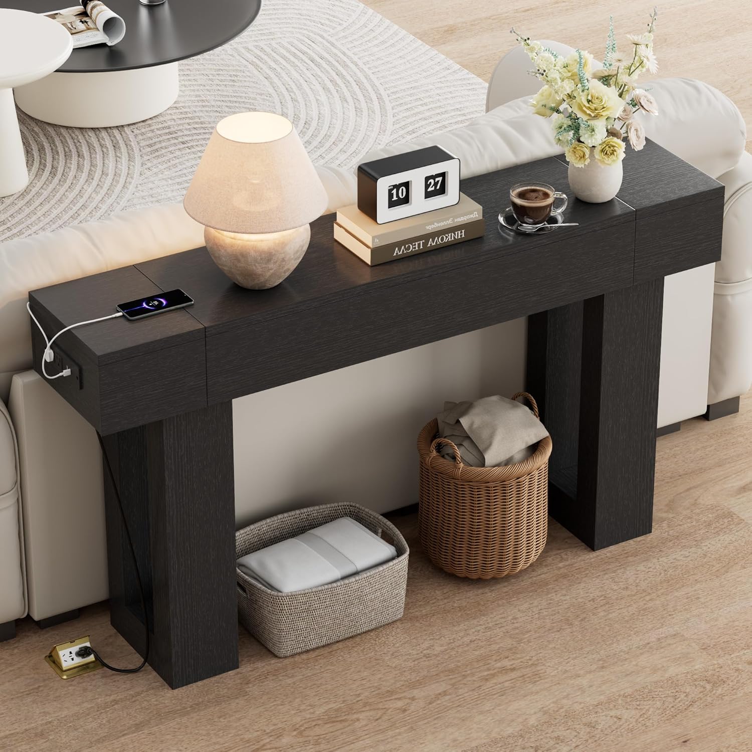 63 Inch Long Console Table w/Outlets & USB Ports, Narrow Rectangular Sofa Table Behind The Couch, Farmhouse Entryway Table for Entrance, Hallway, Living Room(Black with Outlet)