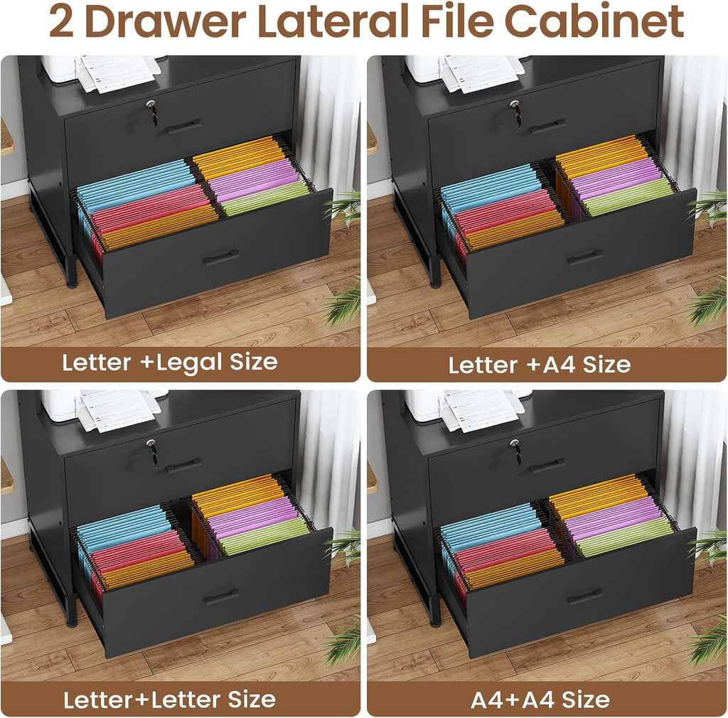 SEDETA 2 Drawer File Cabinet with Lock & Charging Station, Filing Cabinet Fits Letter, Legal, A4 Size, Wood File Cabinets for Home Office with Bookshelf, Printer Stand with Storage Shelf, Black