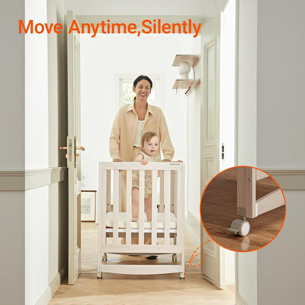 MAMAZING EvoNest Baby Crib, 3 in 1 Convertible Mini Crib with Wheels, 100% New Zealand Wood Crib, 4 Adjustable Mattress Height, GREENGUARD Gold Certified, Washed Natural