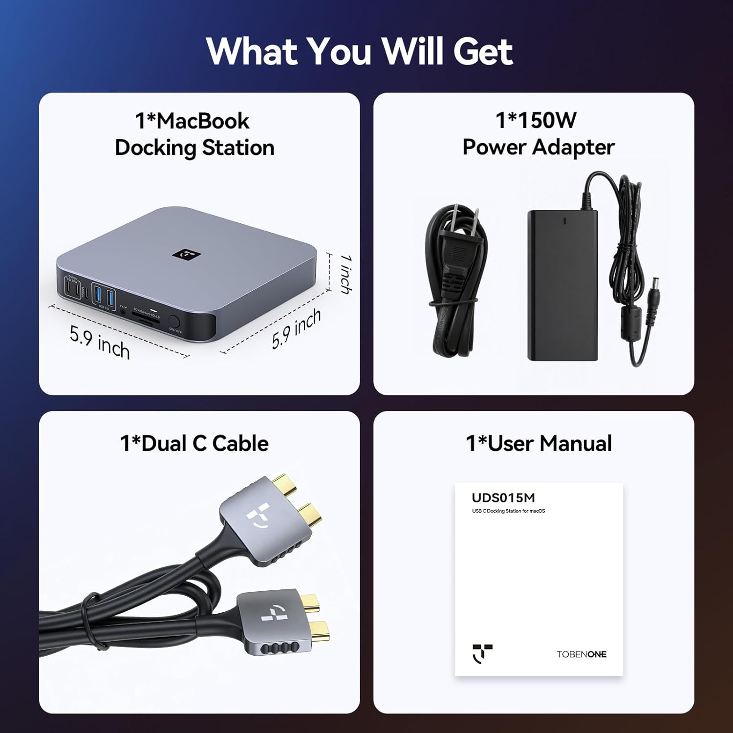 TobenONE 18-in-2 Docking Station Dual Monitor for MacBook Pro/Air M5/M4 Pro/Max, Plug and Play, Mac Docking Station with 4K@60Hz HDMI&USB-C, 150W Adapter, 10Gbps/PD 30W, 7 USB, 2.5G Ethernet, SD 4.0