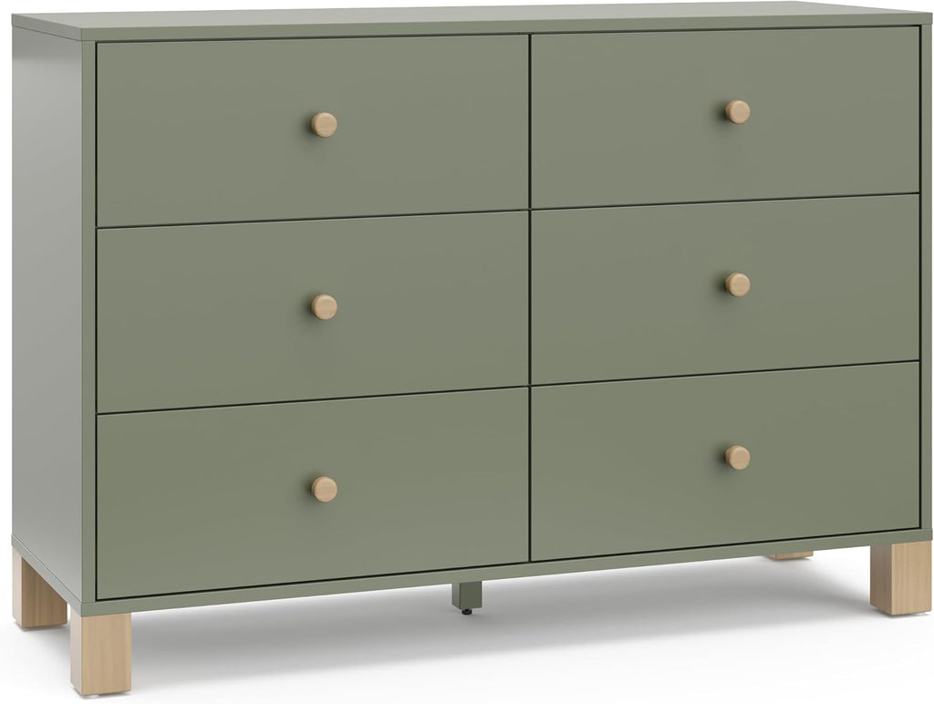 Storkcraft California 6-Drawer Double Dresser (Olive with Driftwood) - GREENGUARD Gold Certified, Interlocking Drawer System, Dresser Drawer Organizer for Kids Bedroom