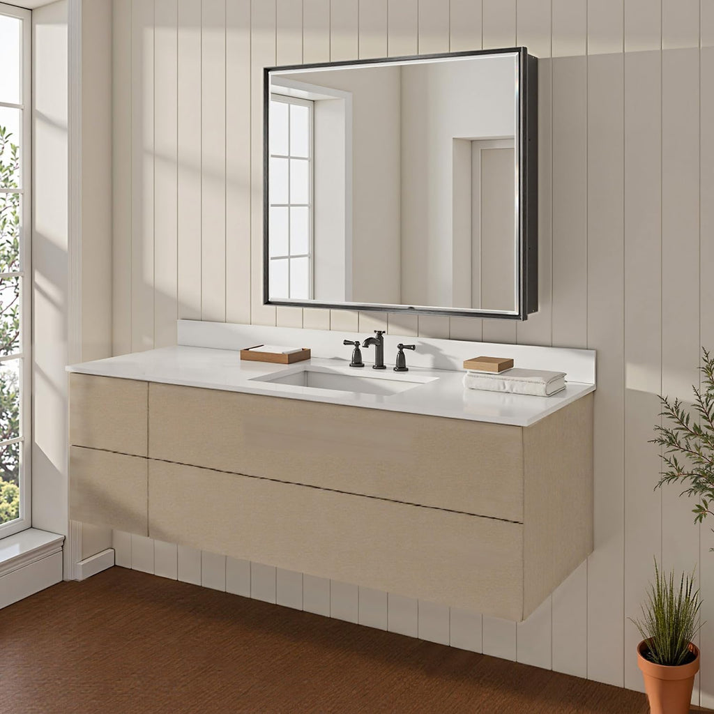 30x26 Pre-Assembled Black Medicine Cabinet with Mirror, Surface or Recessed Medicine Cabinet Mirror for Bathroom, Aluminum Beveled Frame Bathroom Vanity Mirror with Adjustable Shelves Storage