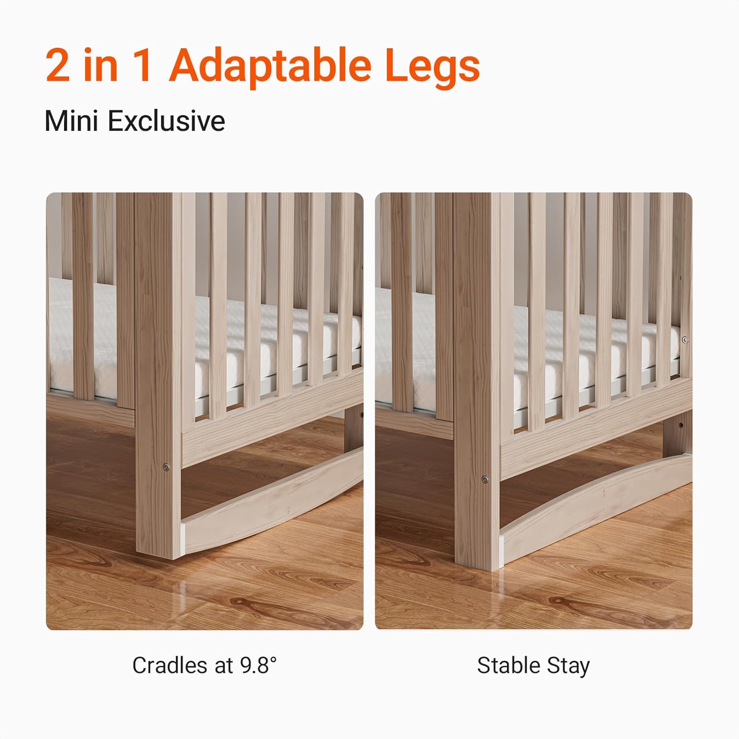 MAMAZING EvoNest Baby Crib, 3 in 1 Convertible Mini Crib with Wheels, 100% New Zealand Wood Crib, 4 Adjustable Mattress Height, GREENGUARD Gold Certified, Washed Natural