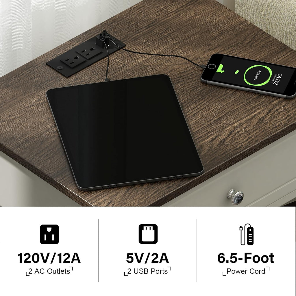 Treocho Farmhouse End Table Set of 2,Nightstand with Charging Station, X-Design Side Table with 2 AC and USB Power Outlets, Small Night Stand with Storage Drawer and Open Shelf for Living Room