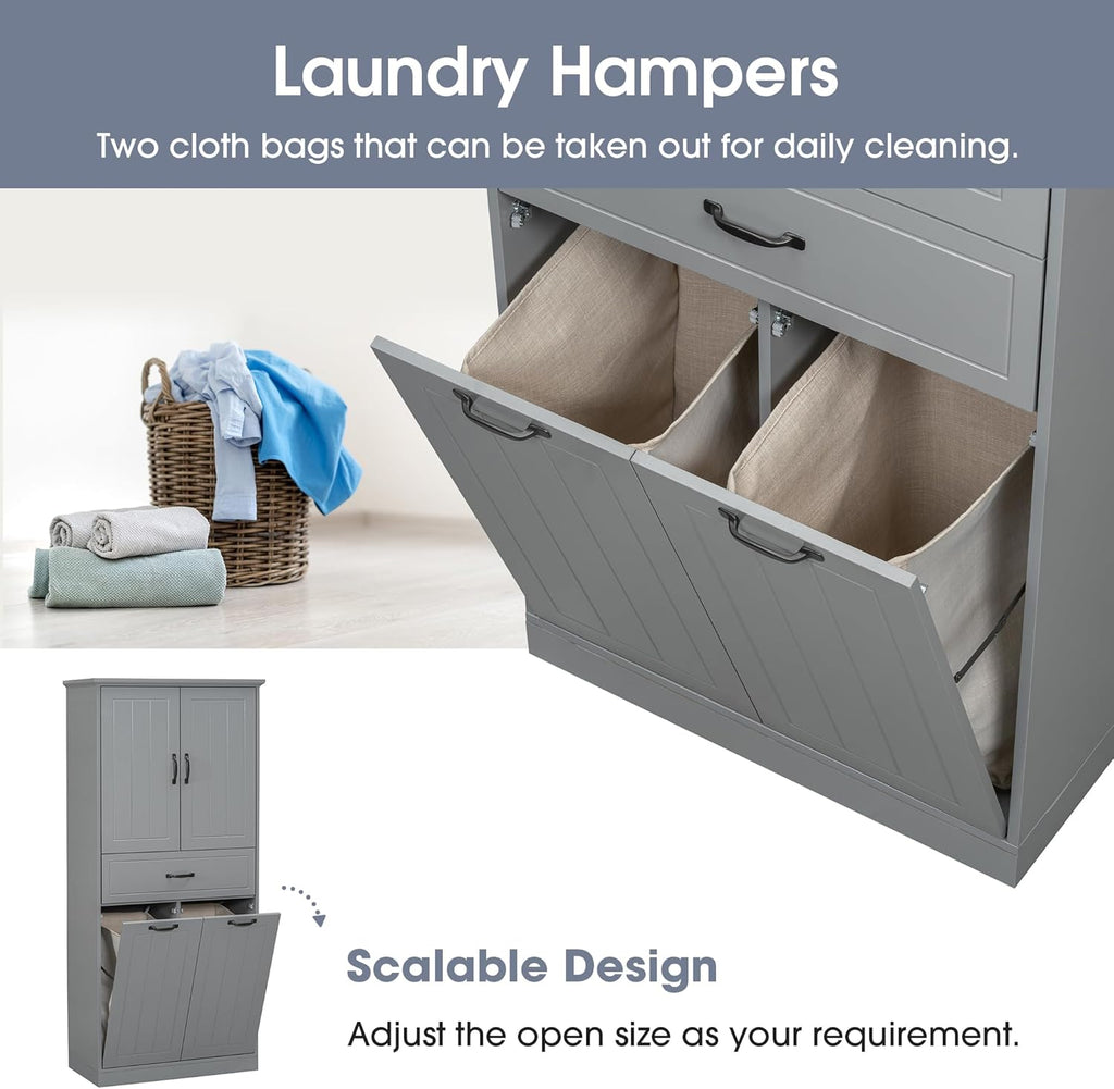 Merax Cabinet with 2 Tilt-Out Laundry Hamper Baskets, Modern Tall Bathroom Storage Organizer Linen with Drawers and Doors for Home, Freestanding, Grey