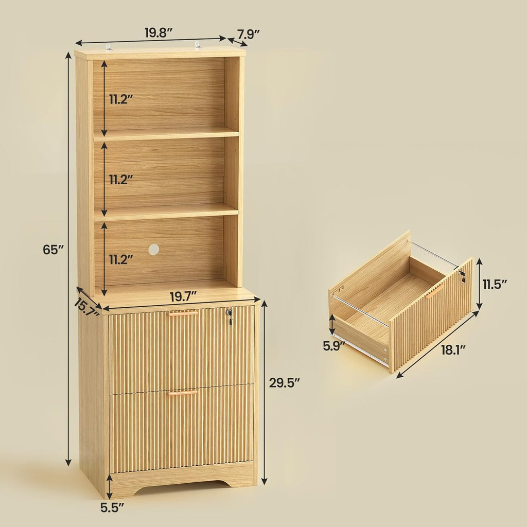 SEDETA 2 Drawer File Cabinet with Lock, Wood Filing Cabinet fits Letter, Legal, A4 Size, Hanging File Folders, Farmhouse File Cabinets for Home Office with Adjustable Storage Shelf, Natural Oak