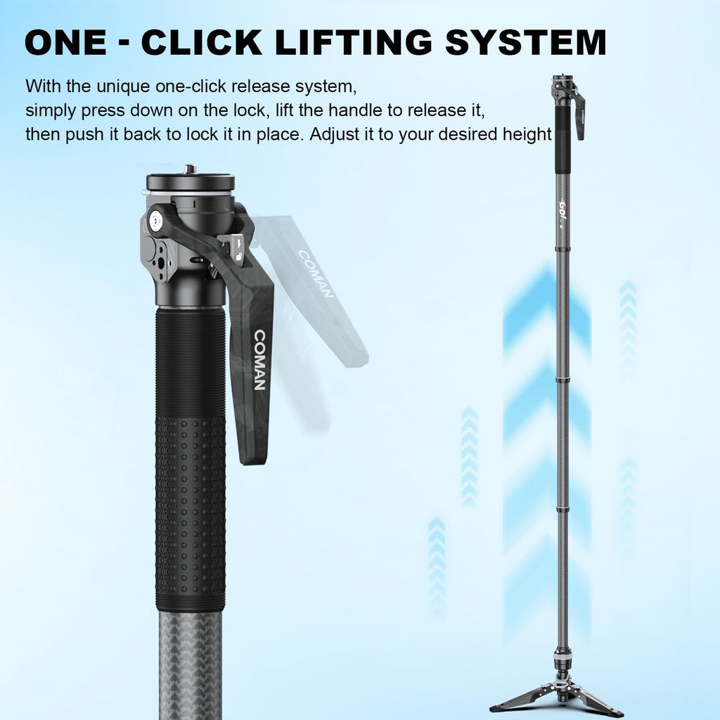 COMAN M1 62.8" Carbon Fiber Monopod for Camera, One-Click Lifting Monopod with feet, Compact for Travel, Max Load 44lbs / 20kg for Camera, DSLR, Camcorder