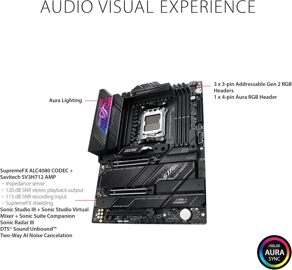 ASUS ROG STRIX X670E-E GAMING WIFI AMD X670 AM5 Ryzen™ Desktop 9000 8000 & 7000 ATX motherboard, 18+2 power stages, DDR5, 4x M.2 slots with heatsink, PCIe® 5.0, USB 3.2 Gen 2x2, WiFi 6E, AI Cooling II