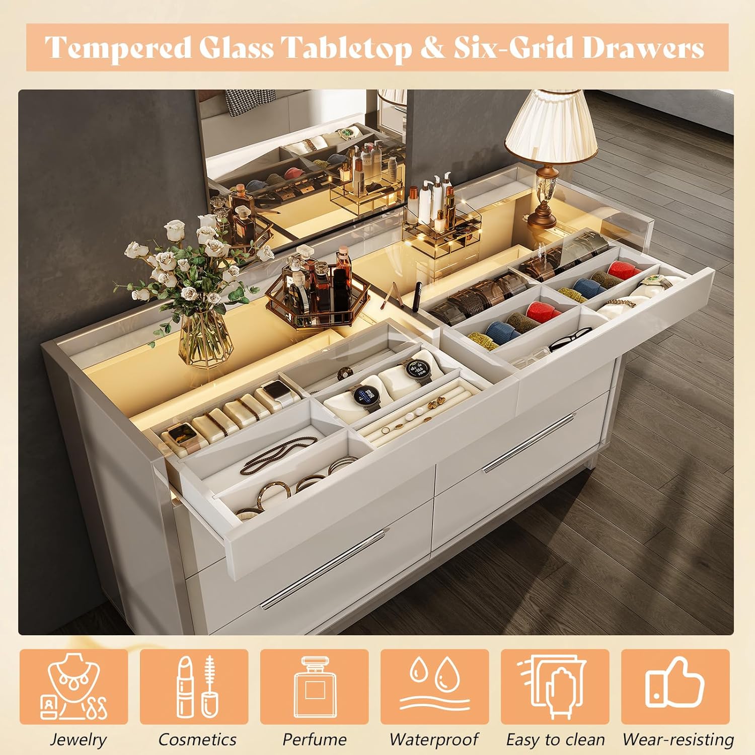 AMERLIFE 47.2" 8 Drawer Dresser with LED Light, Modern High Gloss Chest of Drawers with Glass Tabletop & 2 Six-Grid Jewelry Drawers, for Bedroom, Living Room, Dressing Room, Cream & Grey