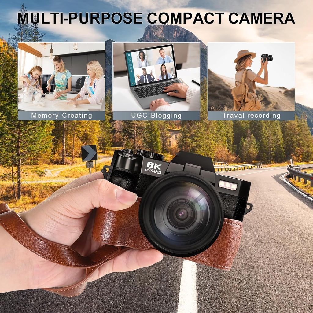 8K&64MP Digital Cameras for Photography, 16X Zoom, WiFi, 180° Flip Screen, Autofocus, Anti-Shake, Wide-Angle & Macro Lens, Built-in Fill Light, PU Leather Case, 64GB Card & 2 Batteries (Black)