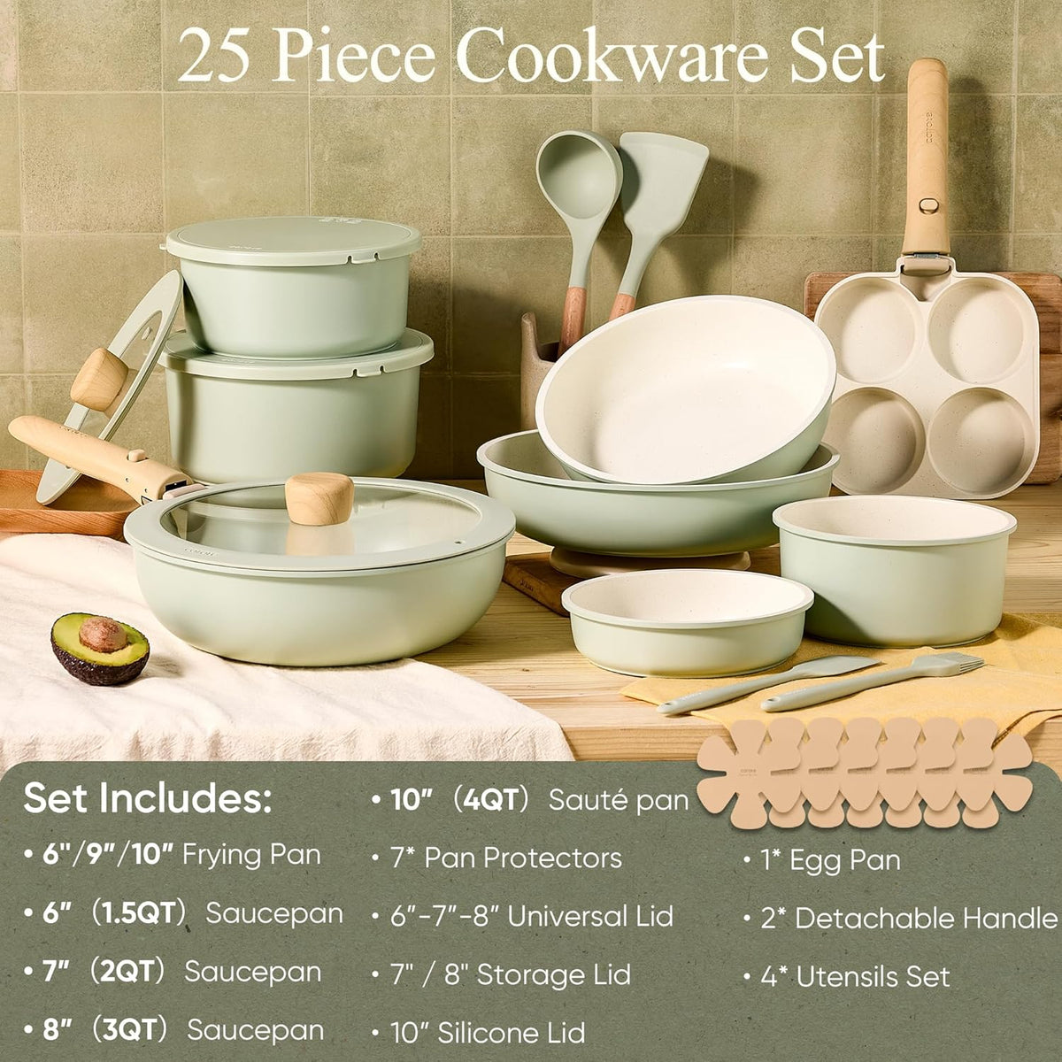 CAROTE 25pcs Pots and Pans Set Non Stick, Cookware Sets, Kitchen Set, Oven/Dishwasher/Fridge Safe, Space Saving Pots Set, Nonstick Set with Versatile Detachable Handle, Induction RV Set, Green
