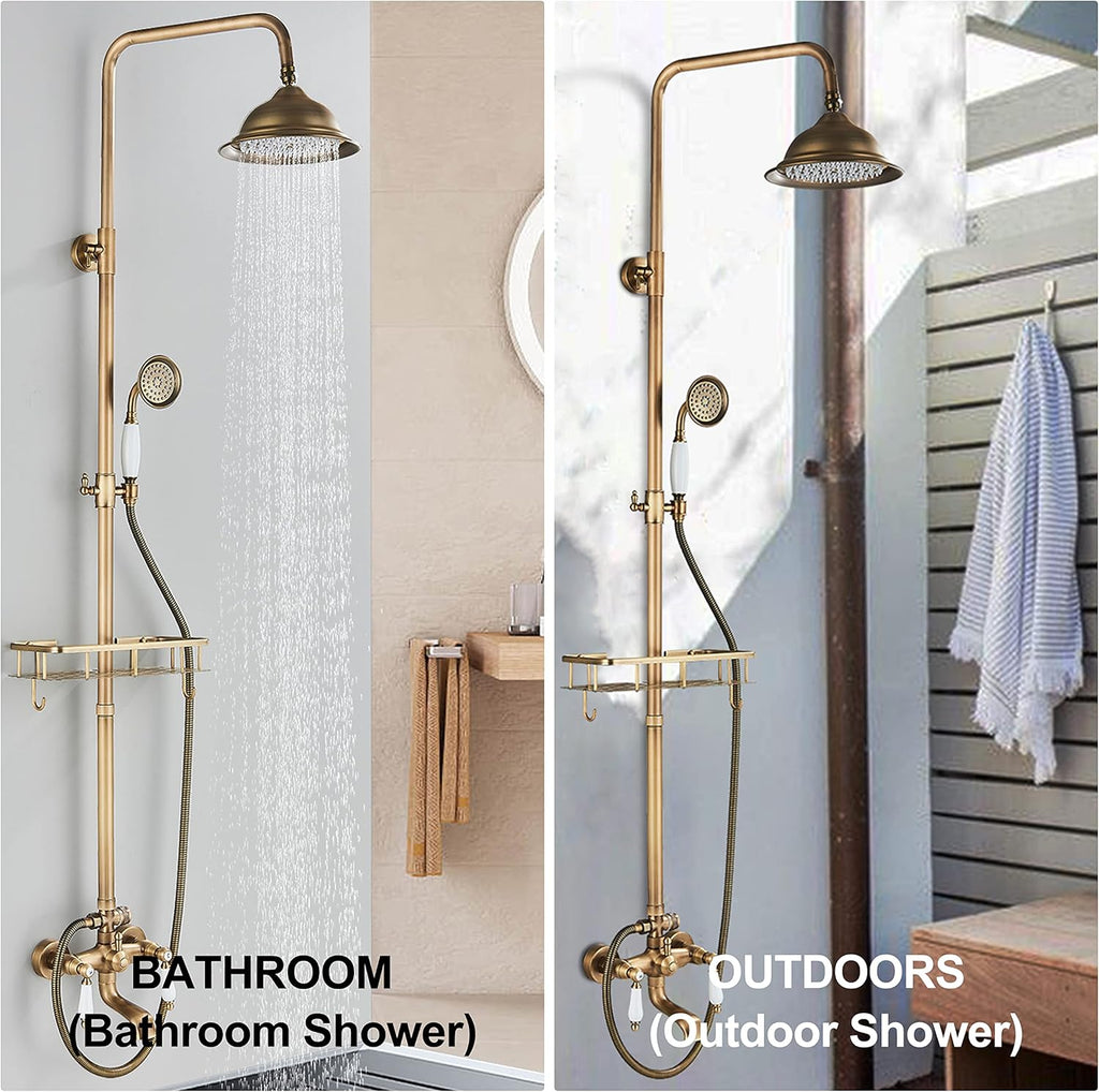 Antique Brass Shower System Outdoor Shower Fixtures with 8 Inch Rain Shower Head and Double Cross Handles Bathroom Shower Faucet Set