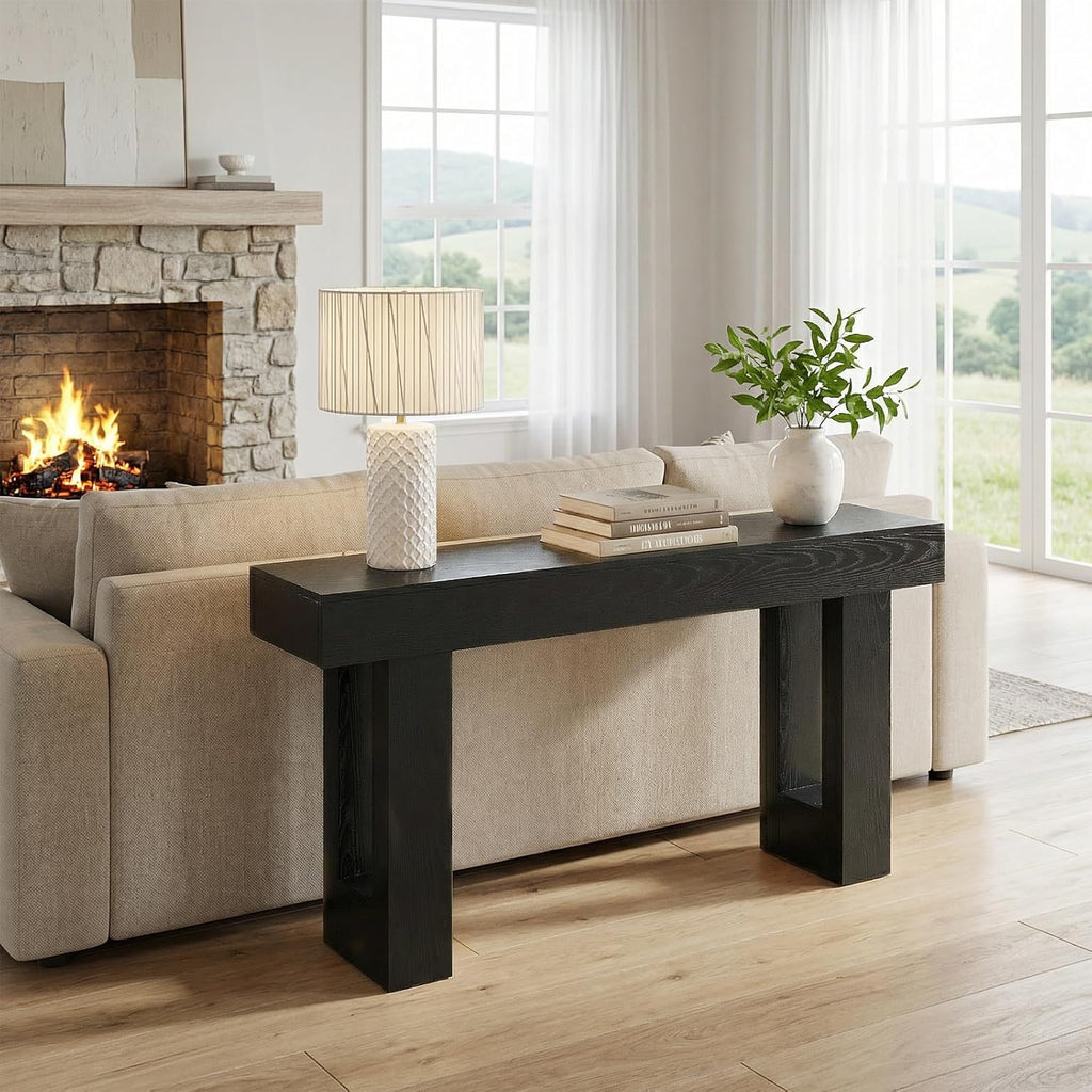 DUMOS 63 Inches Console Farmhouse Table for Entryway, Long Console Table Behind Couch, Solid Wood Narrow Entryway Table for Hallway, Living Room, Foyer, Entrance, Easy Assembly, Black