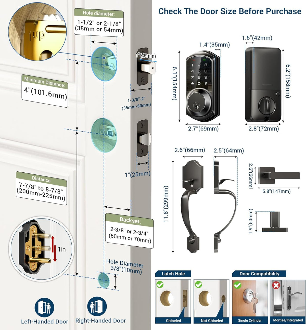 Veise VE06-H Smart Front Door Lock Set, App Control, Keyless Entry Deadbolt with Lever Handle, Electronic Digital Touchscreen Keypad, Auto Lock, Easy Install, Matte Black