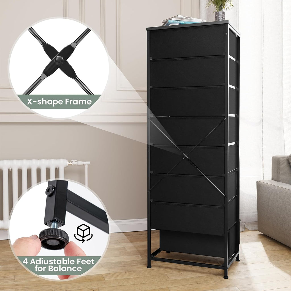 Crestlive Products Tall Dresser, 8-Drawer Fabirc Storage Tower, Chests of Drawers - Vertical Organizer Unit for Bedroom, Hallway, Entryway, Nursery, Closets - Steel Frame, Wood Top & Handles (Black)