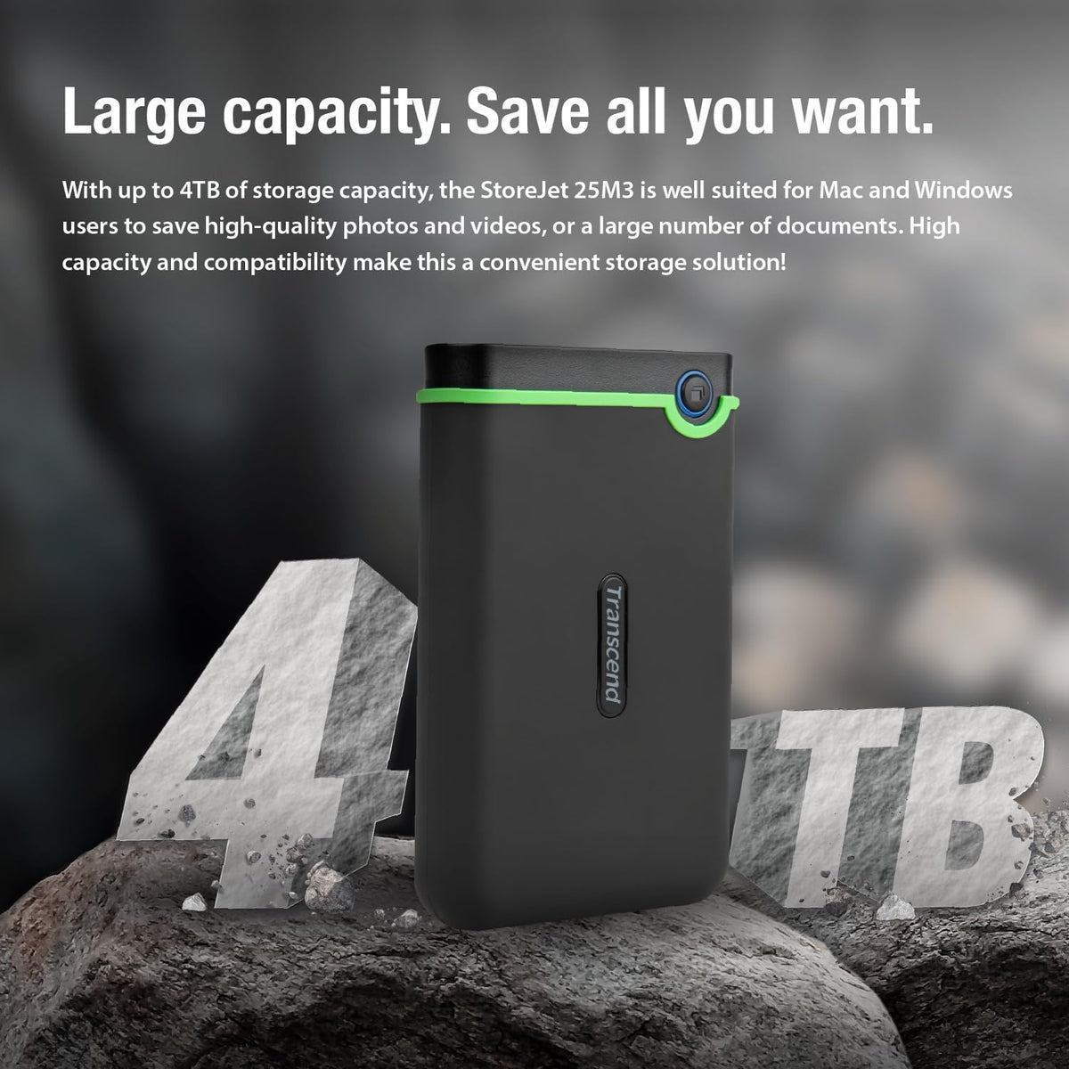 Transcend StoreJet 2TB Rugged External Hard Drive, USB3.1(5Gbps) Portable HDD w/One Touch Auto-Backup Button/Anti-Shock Resistant/Compact&Lightweight/Lightning-Fast Speeds, Iron Gray - TS2TSJ25M3S