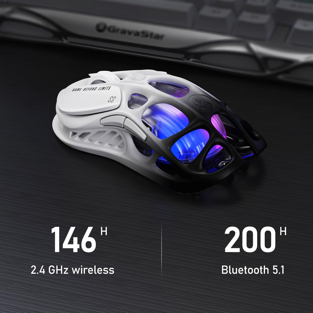 GravaStar Mercury M1 Pro Gaming Mouse, Lightweight Magnesium Alloy, 26,000 DPI, PAW3395DM Sensor, 5 Programmable Buttons, Support Wired/2.4GHz/BT, Up to 200 Hours Battery Life (Gradient Black)