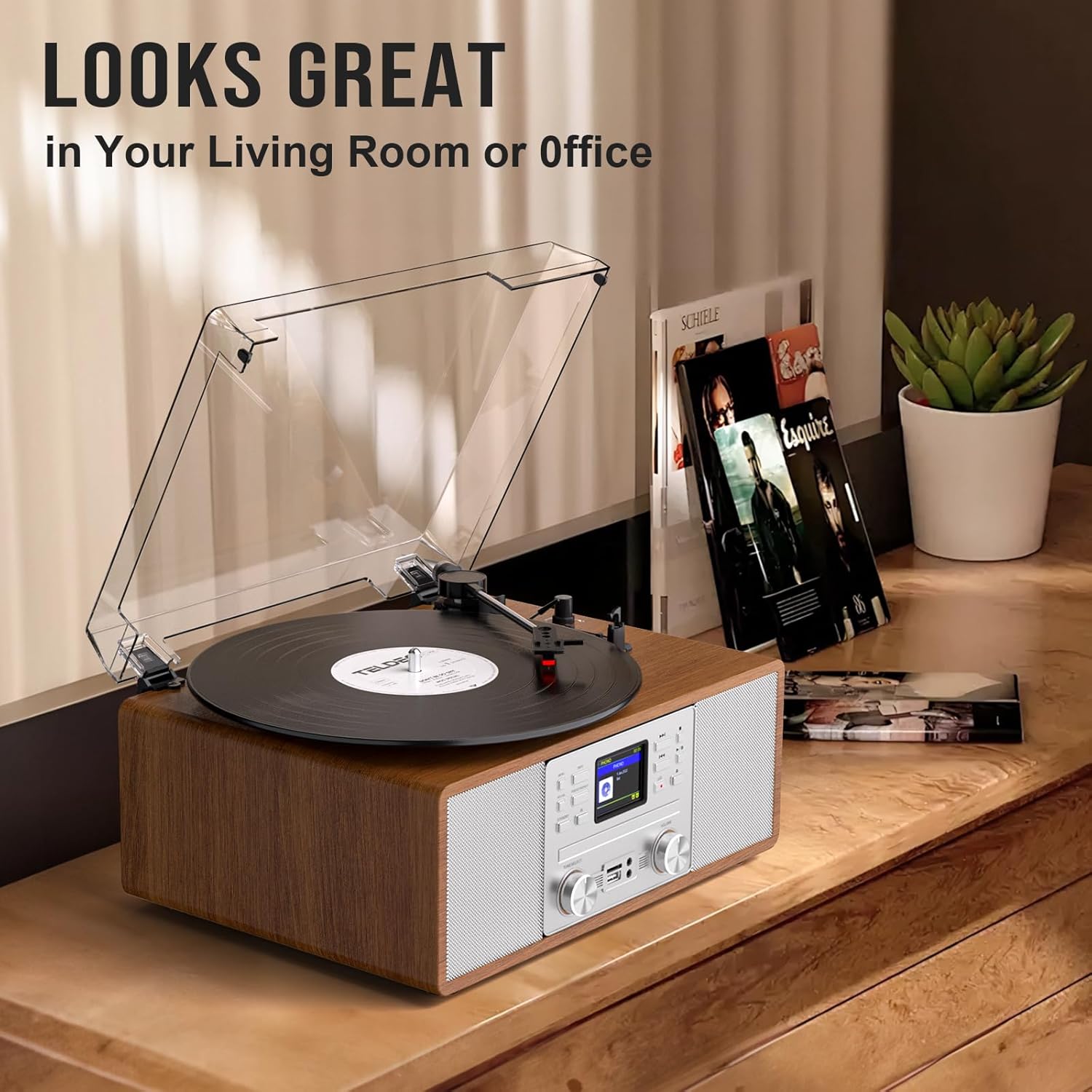 10-in-1 Retro Bluetooth Record Player with Built-in Stereo Speakers | Wireless 3-Speed Turntable for Vinyl, CD, MP3, USB/SD, Internet Radio | Headphone Jack & MP3 Recording | Vintage Multimedia Center