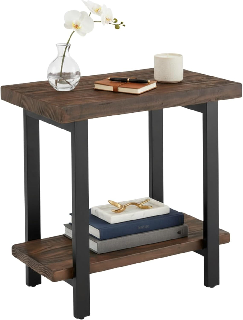 Alaterre Furniture Pomona Living Room 2-Tier Solid Wood End Table with Natural Finish and Metal Legs – Modern Farmhouse Accent or Home Décor (Rustic Brown)