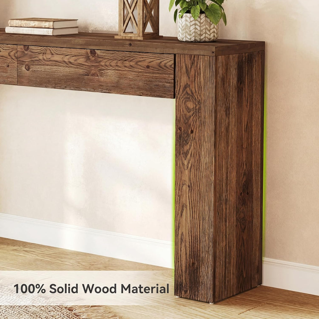 LITTLE TREE Solid Wood 63 Inches Console Table with 2 Drawers, Vintage Brown Sofa Table Behind Couch for Living Room, Long Hallway Foyer Entryway Table for Entrance