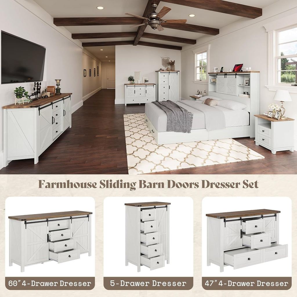 AMERLIFE 60" Farmhouse Dresser with Sliding Barn Doors, Rustic Dresser TV Stand with 4 Drawers, Storage Organizer for Bedroom/Entryway, Distressed White