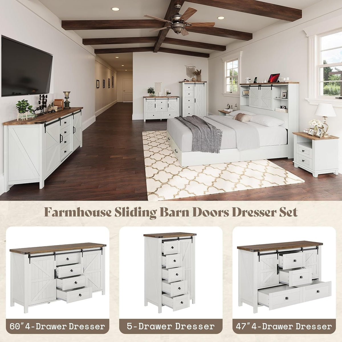 AMERLIFE 60" Farmhouse Dresser with Sliding Barn Doors, Rustic Dresser TV Stand with 4 Drawers, Storage Organizer for Bedroom/Entryway, Distressed White